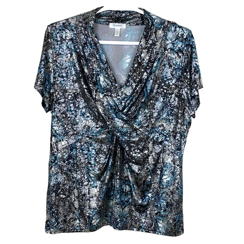 Dressbarn Womens 2X Blouse Short Sleeve Metallic Snake Print Slinky Stretch Top